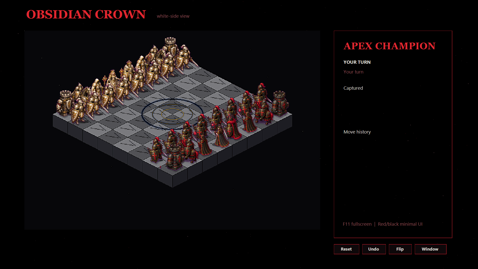 Fullscreen layout of Obsidian Crown Chess match UI