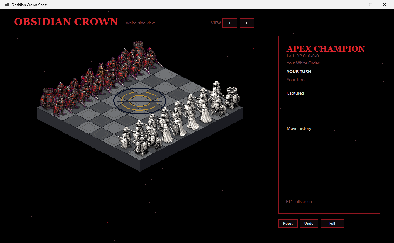Obsidian Crown Chess isometric board with White Order and Black Court armies