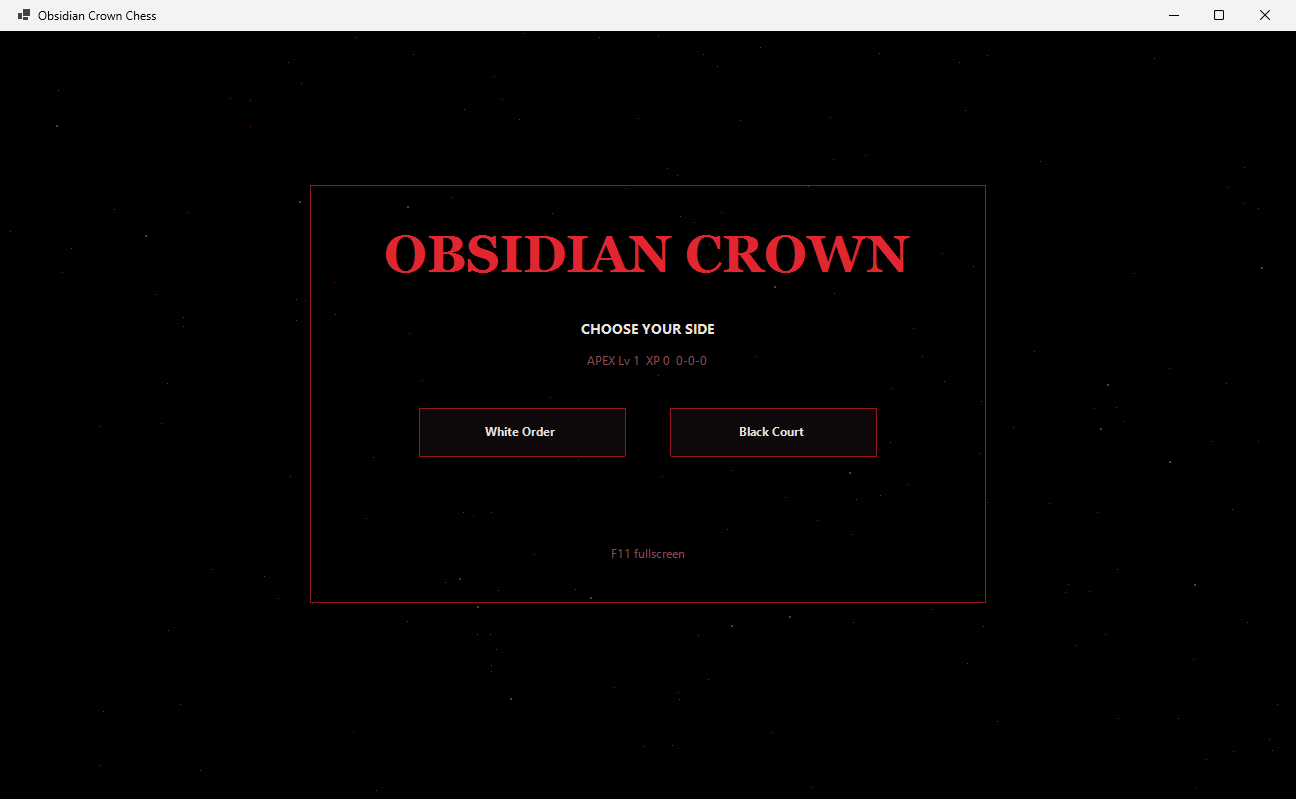 Obsidian Crown start screen with White Order and Black Court side select